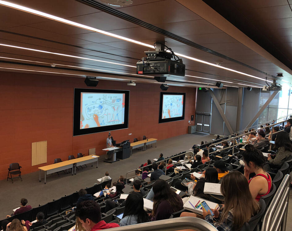 Large lecture hall at SDSU with WolfVision Ceiling Visualizer suspended from the ceiling above the instructor‘s lectern.